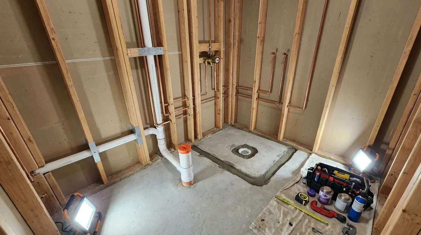 Bathroom rough-in plumbing during remodel by Johns Plumbing LLC in Antlers