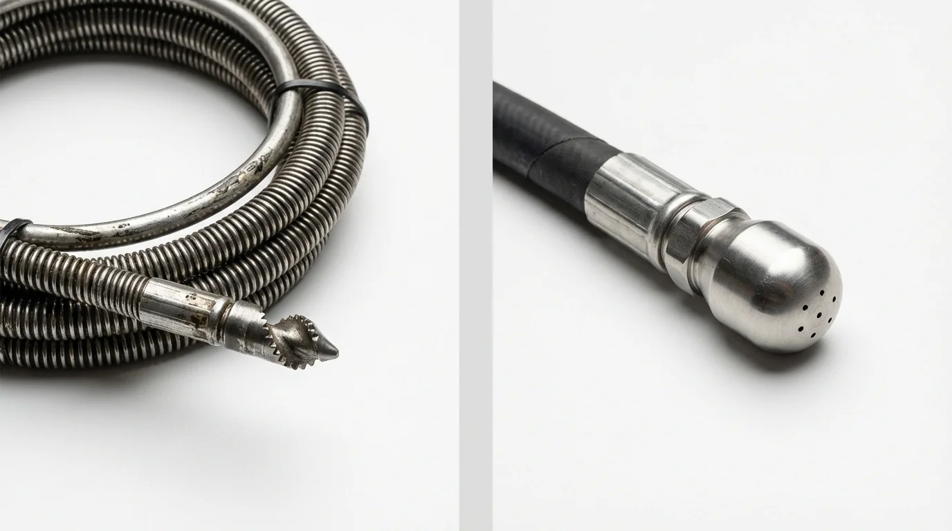 Drain snake cable and hydro jetting nozzle used for drain cleaning in Antlers, OK