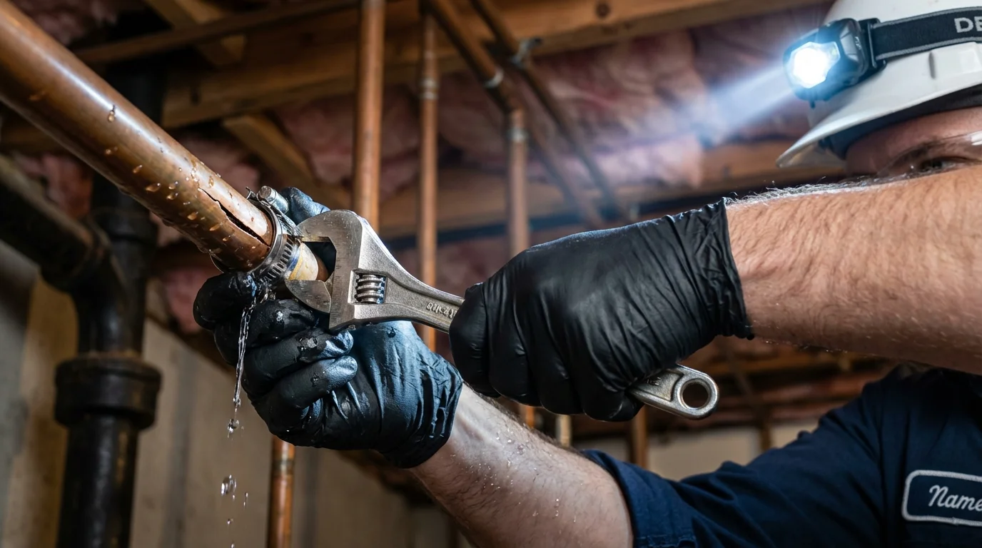 Emergency pipe clamp repair being performed by a Johns Plumbing LLC plumber in Antlers